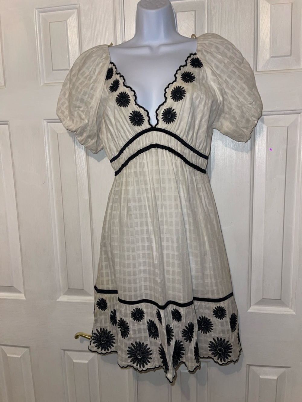 Cream Mini Dress with Black Floral Embroidery